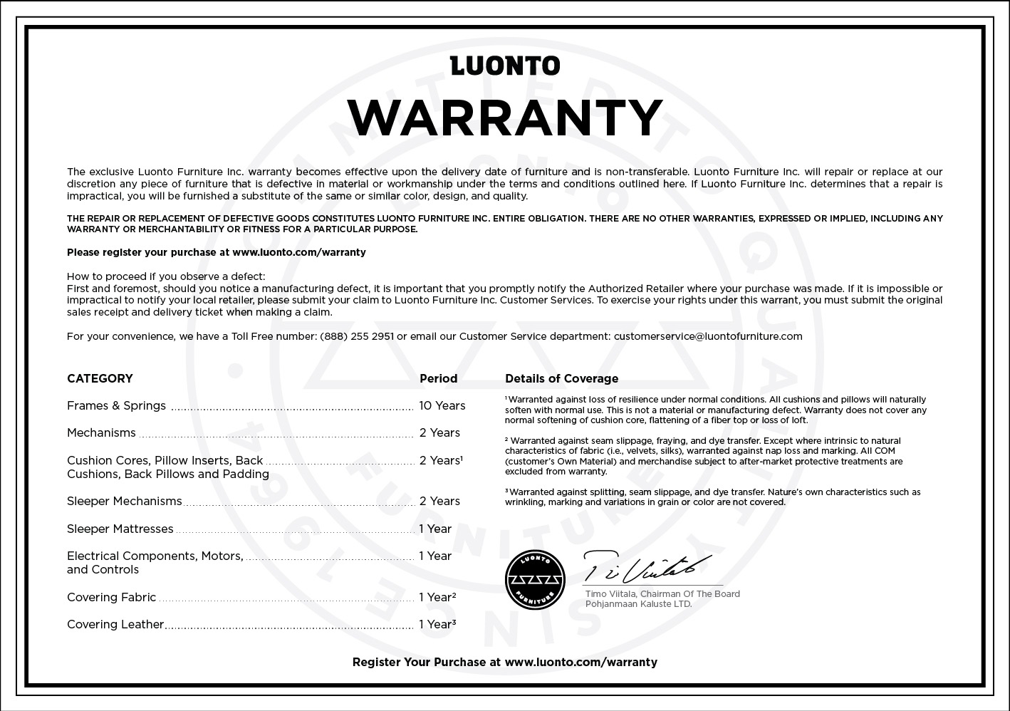 Warranty Certificate Luonto Furniture
