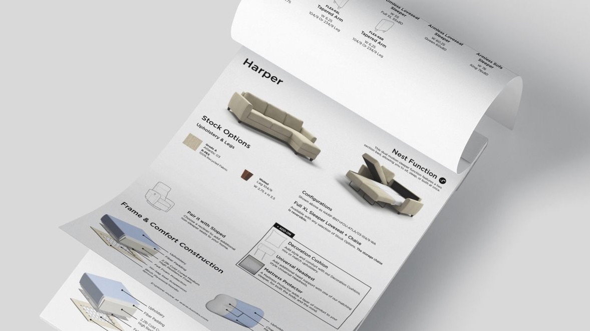 Luonto Product sheet for Harper, shows all stock options of Harper on front, and all Made to Order options on the reverse.