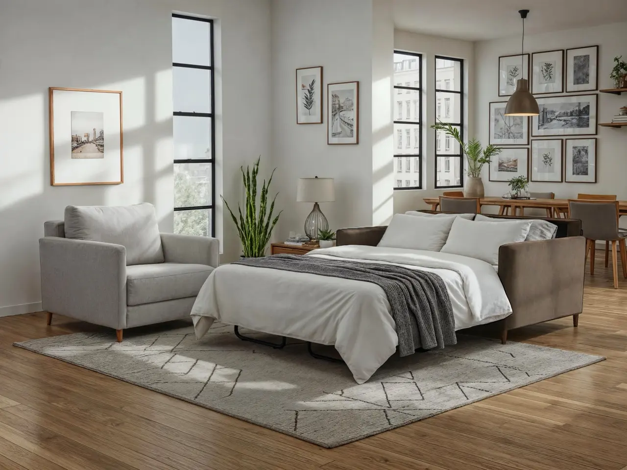 Elfin Sleeper Loveseat, Elfin Cot Sleeper Chair - MTO Upholstery Luonto Elfin full sleeper sofa in gray fabric shown converted to bed with matching armchair, demonstrating convertible sofa functionality.