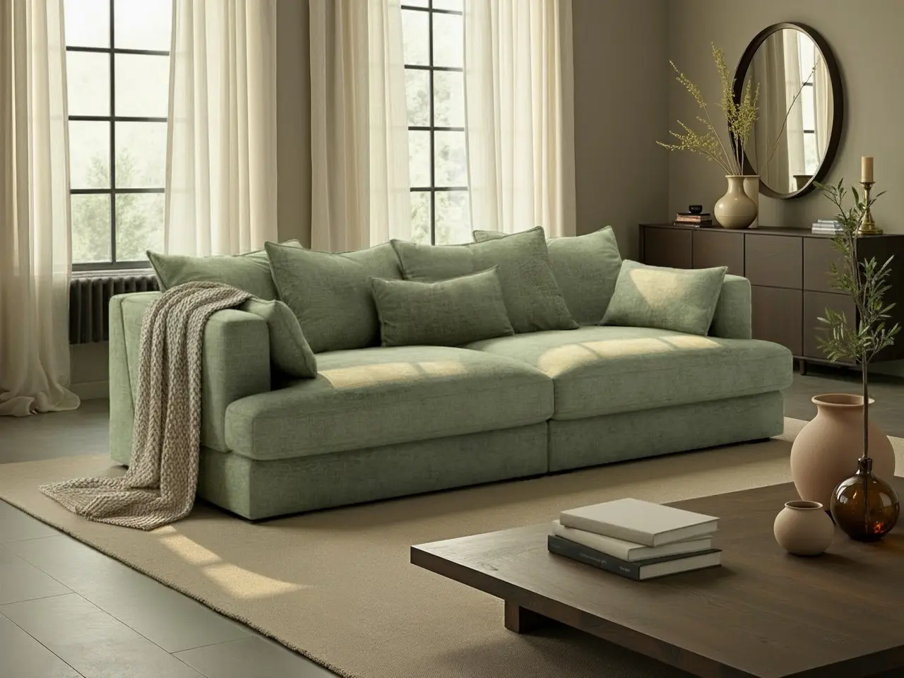 Vivian Sofa - Harmony 39 Luonto Vivian premium sofa in sage green textured fabric with deep seats and plush back cushions, modern European design.