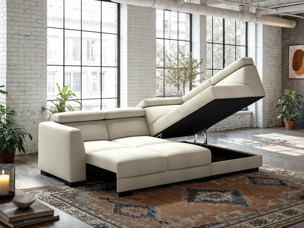 Halti Sleeper Sectional - Atlantic 02 Luonto Halti sleeper sectional with storage chaise shown open in cream fabric, convertible sofa with hidden compartment.